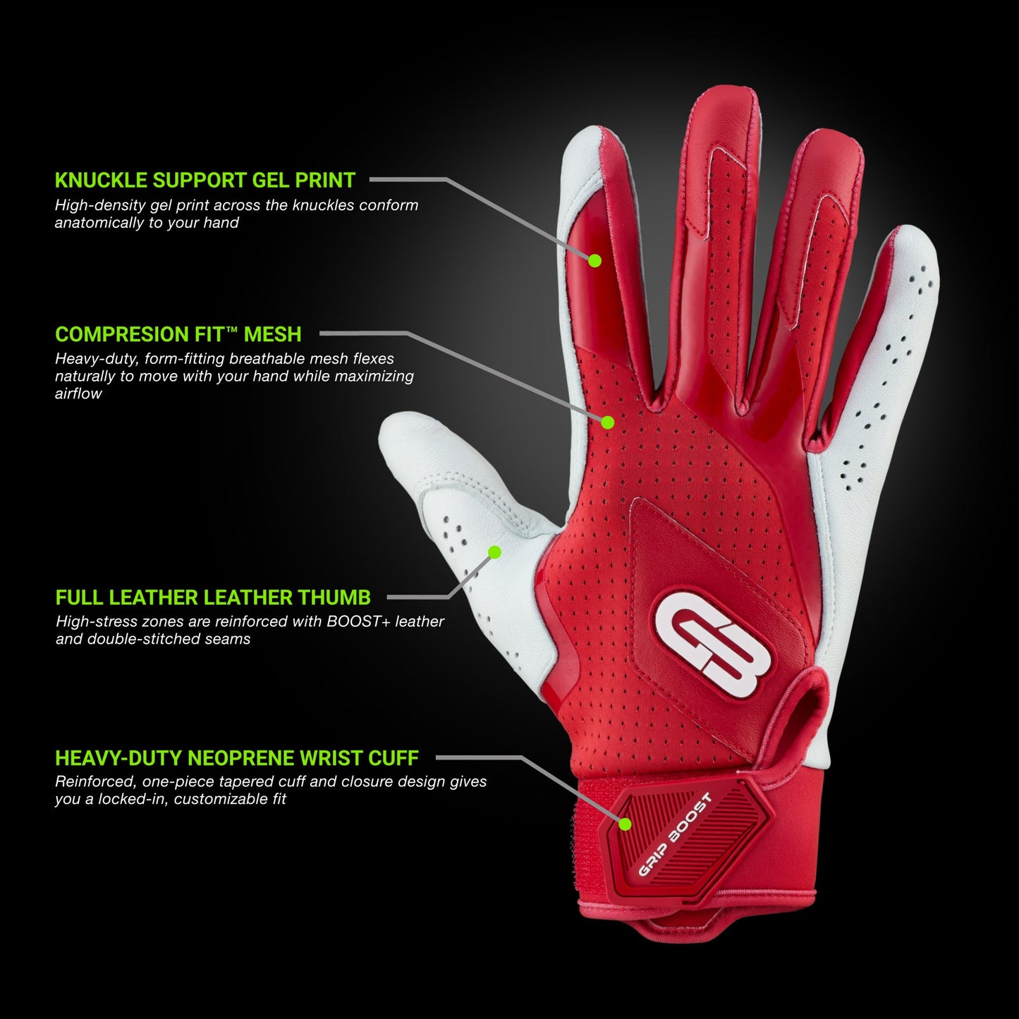 Grip Boost Batting Gloves Grip Boost Red Loaded Baseball Batting Gloves with Boost Plus Leather