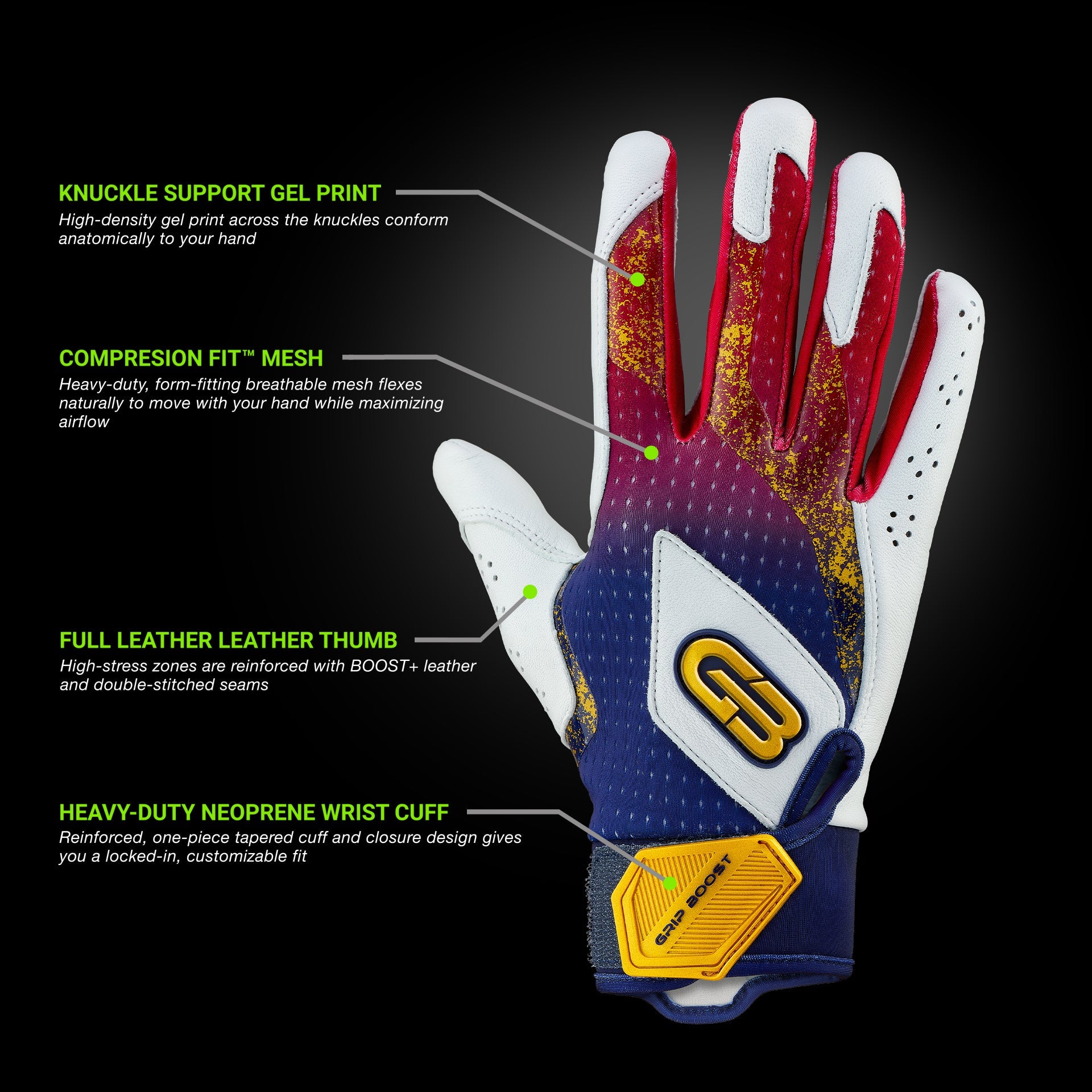 Grip Boost Batting Gloves Grip Boost USA Loaded Baseball Batting Gloves with Boost Plus Leather