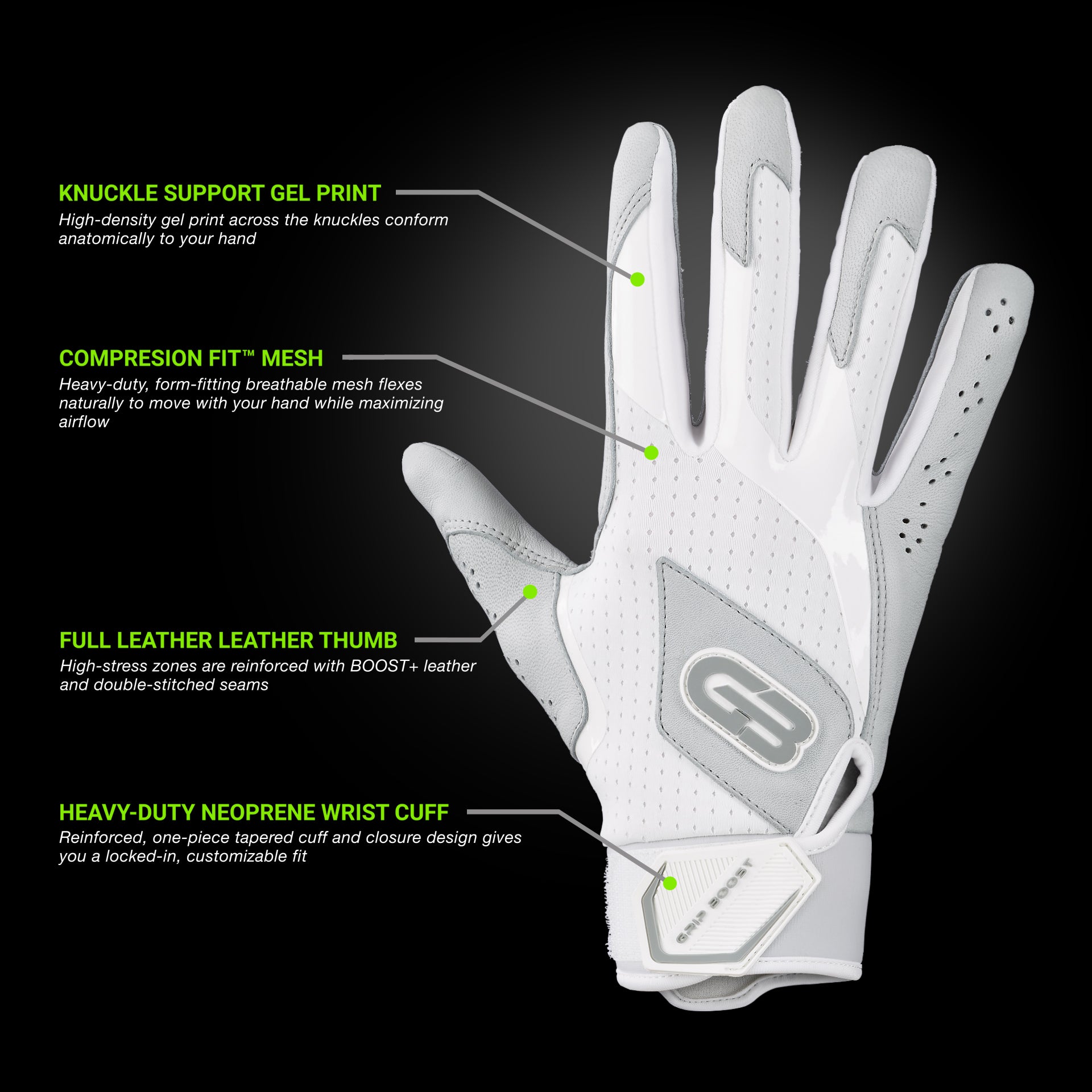 Grip Boost Batting Gloves Grip Boost White Loaded Baseball Batting Gloves with Boost Plus Leather