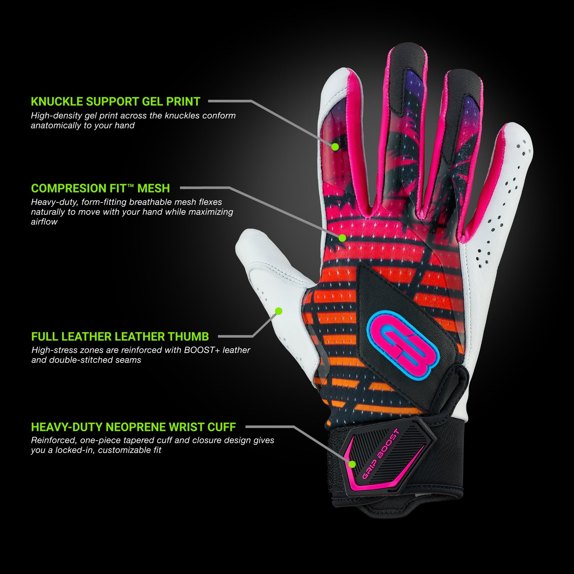 Grip Boost Batting Gloves Grip Boost Miami Nights Loaded Baseball Batting Gloves with Boost Plus Leather