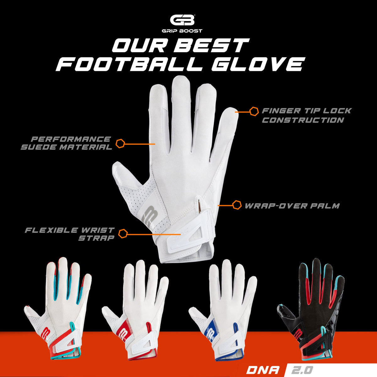 Grip Boost Raptor Black DNA 2.0 Football Gloves | All-Weather Grip Gloves | Grip Boost