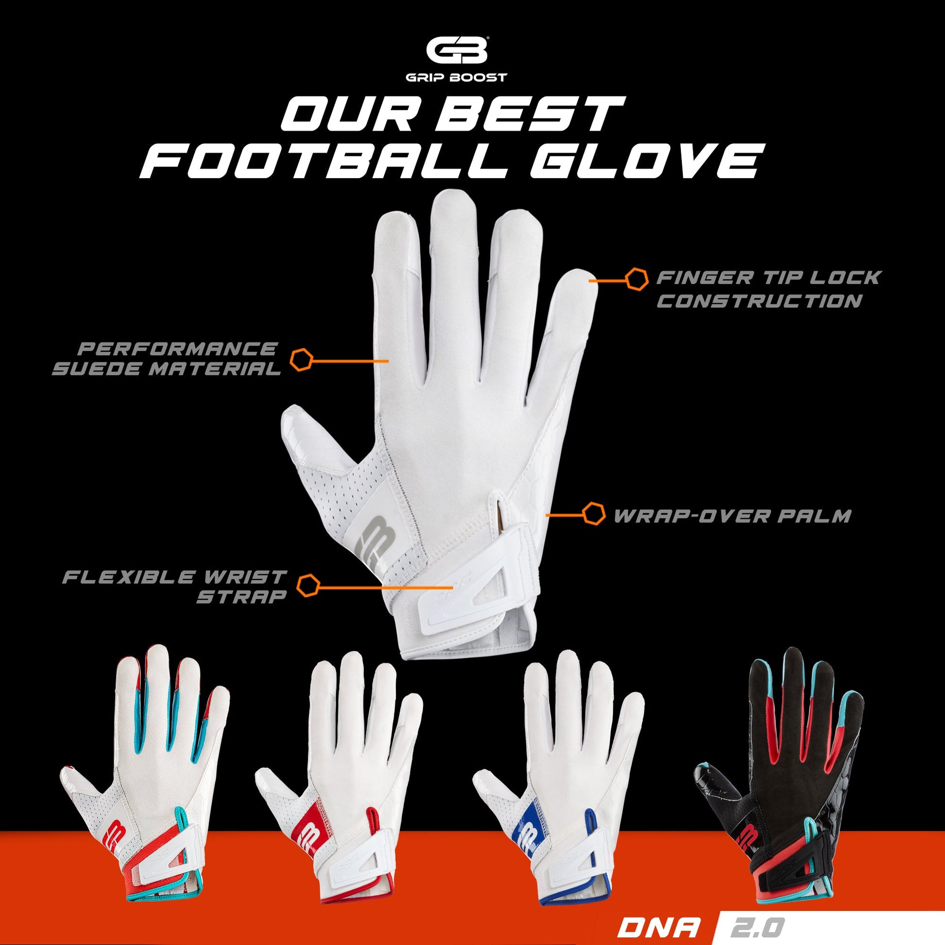Grip Boost Football Receiving Gloves Grip Boost DNA 2.0 Football Gloves with Engineered Grip Boost+ Stick - Black Grip Tok