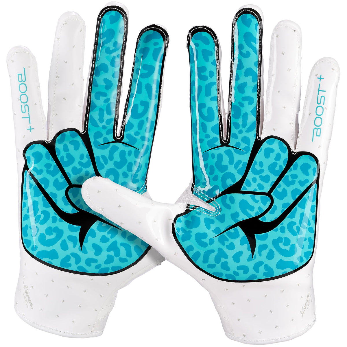 Stealth 6 Gloves White/Aqua Boost+ Sticky Football Gloves Grip Boost