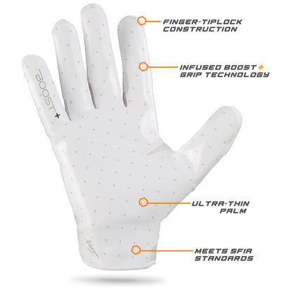 Grip Boost Football Receiving Gloves Grip Boost Solid White Stealth 6.0 Boost Plus Youth Football Gloves
