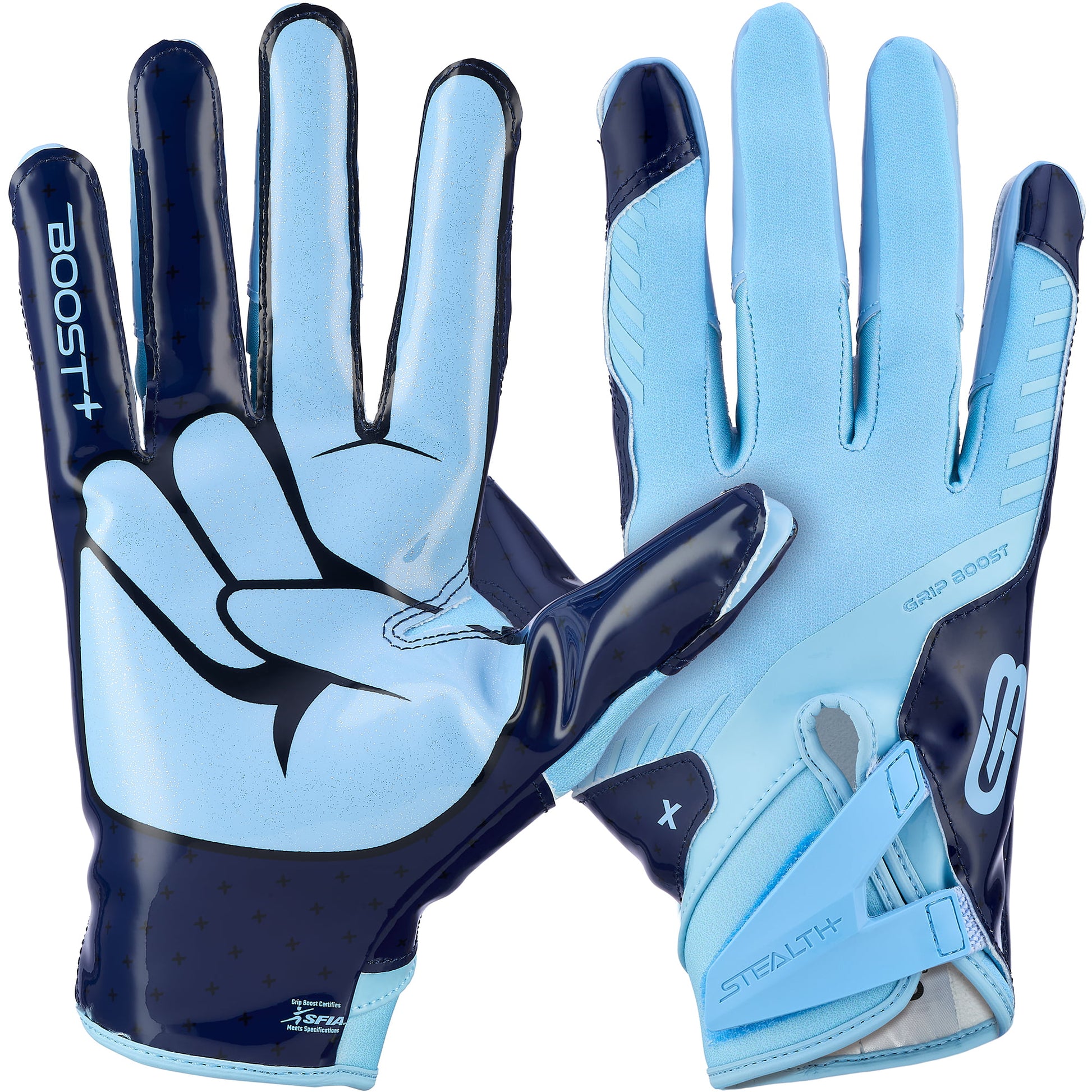 Grip Boost Football Receiving Gloves Small / Carolina Blue Grip Boost Peace Stealth 6 Boost Plus Football Gloves - Carolina Blue/Navy