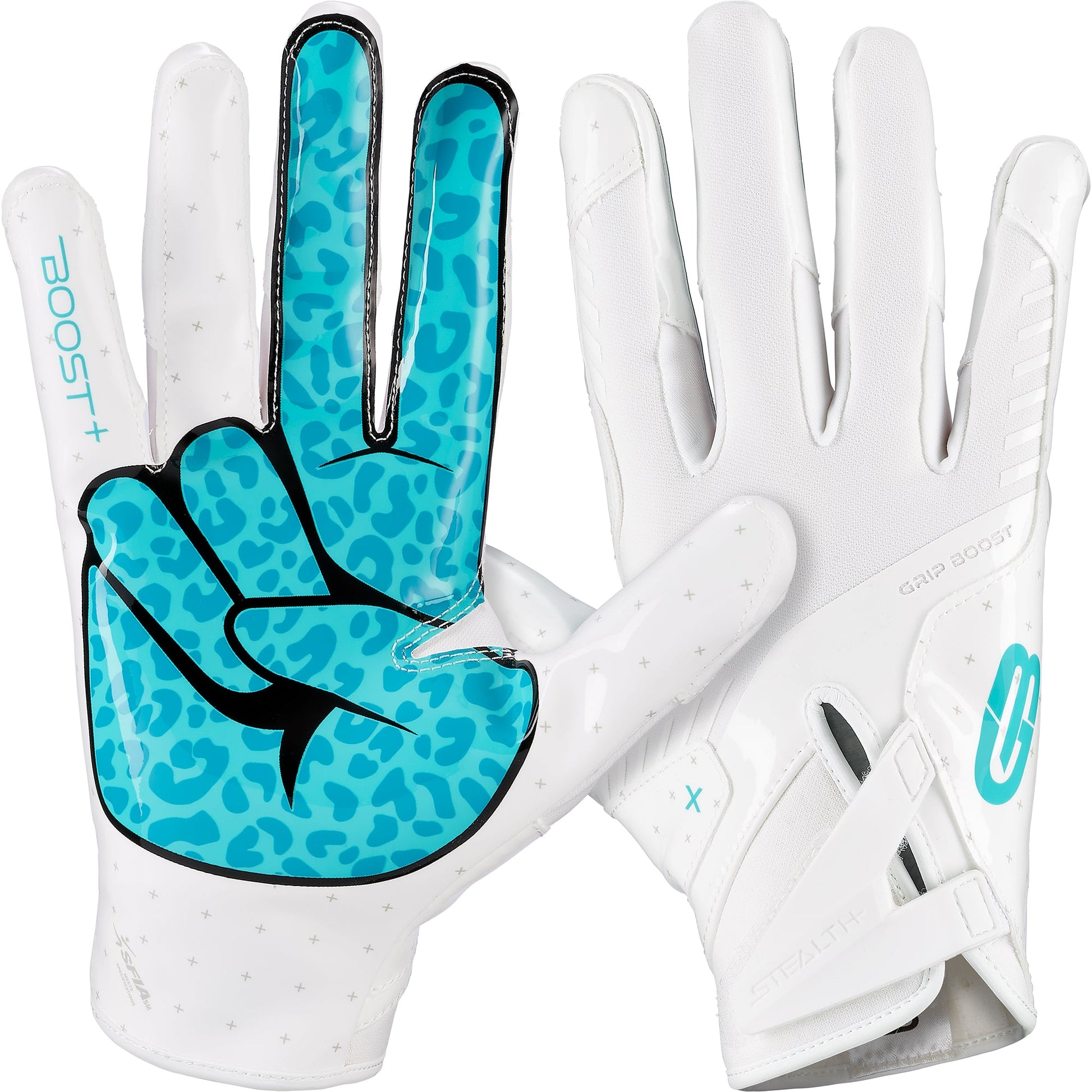 Grip Boost Football Receiving Gloves Small / White/Aqua Grip Boost Peace Stealth 6 Boost Plus Football Gloves - White/Aqua