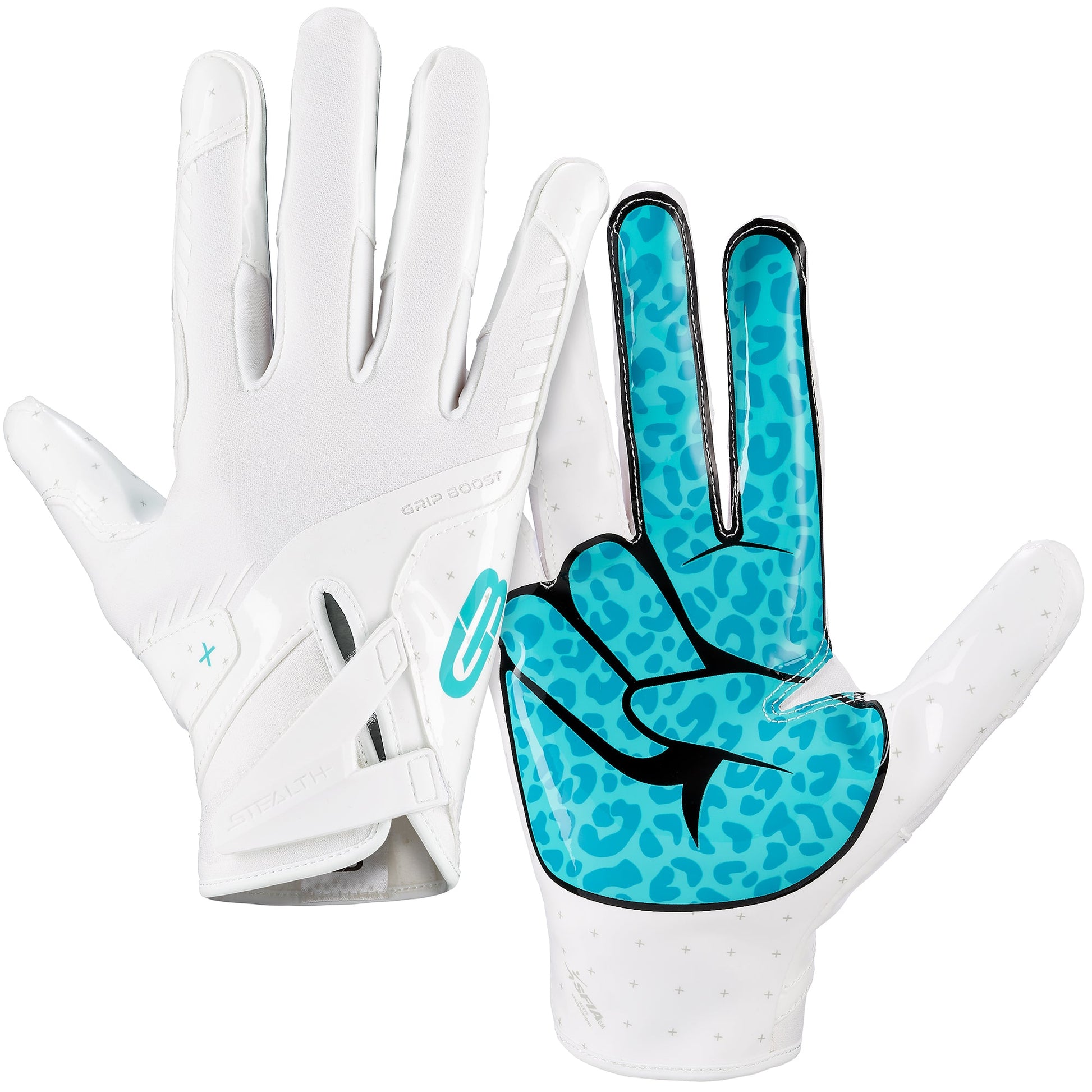 Grip Boost Football Receiving Gloves Small / White/Aqua Grip Boost Peace Stealth 6 Boost Plus Football Gloves - White/Aqua