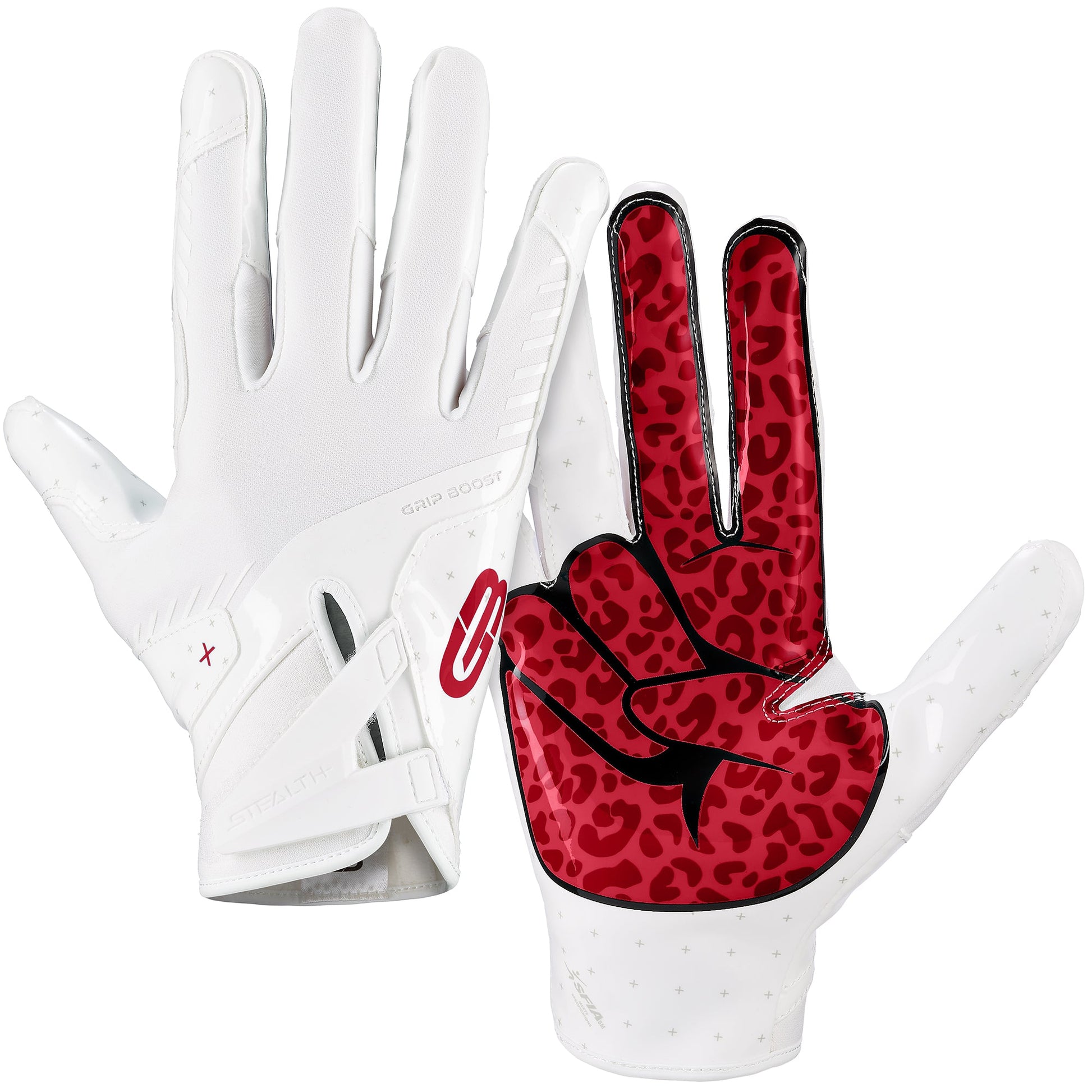 Grip Boost Football Receiving Gloves Small / White/Crimson Grip Boost Peace Stealth 6 Boost Plus Football Gloves - White/Crimson