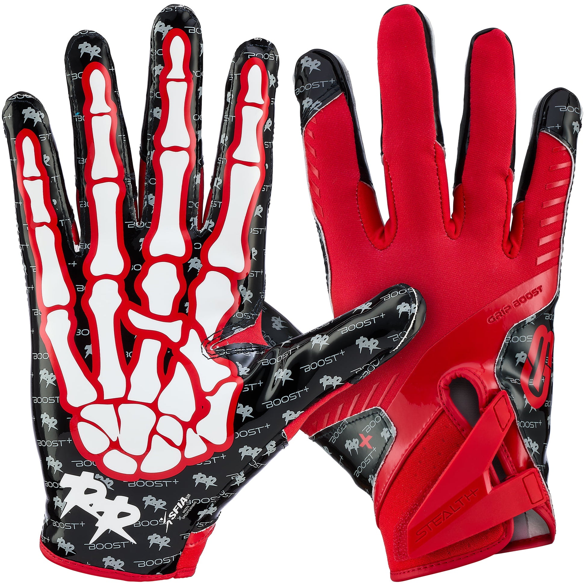 Grip Boost Football Receiving Gloves Youth Small Grip Boost Stealth 6.0 Youth Football Gloves – Red/Black Bones