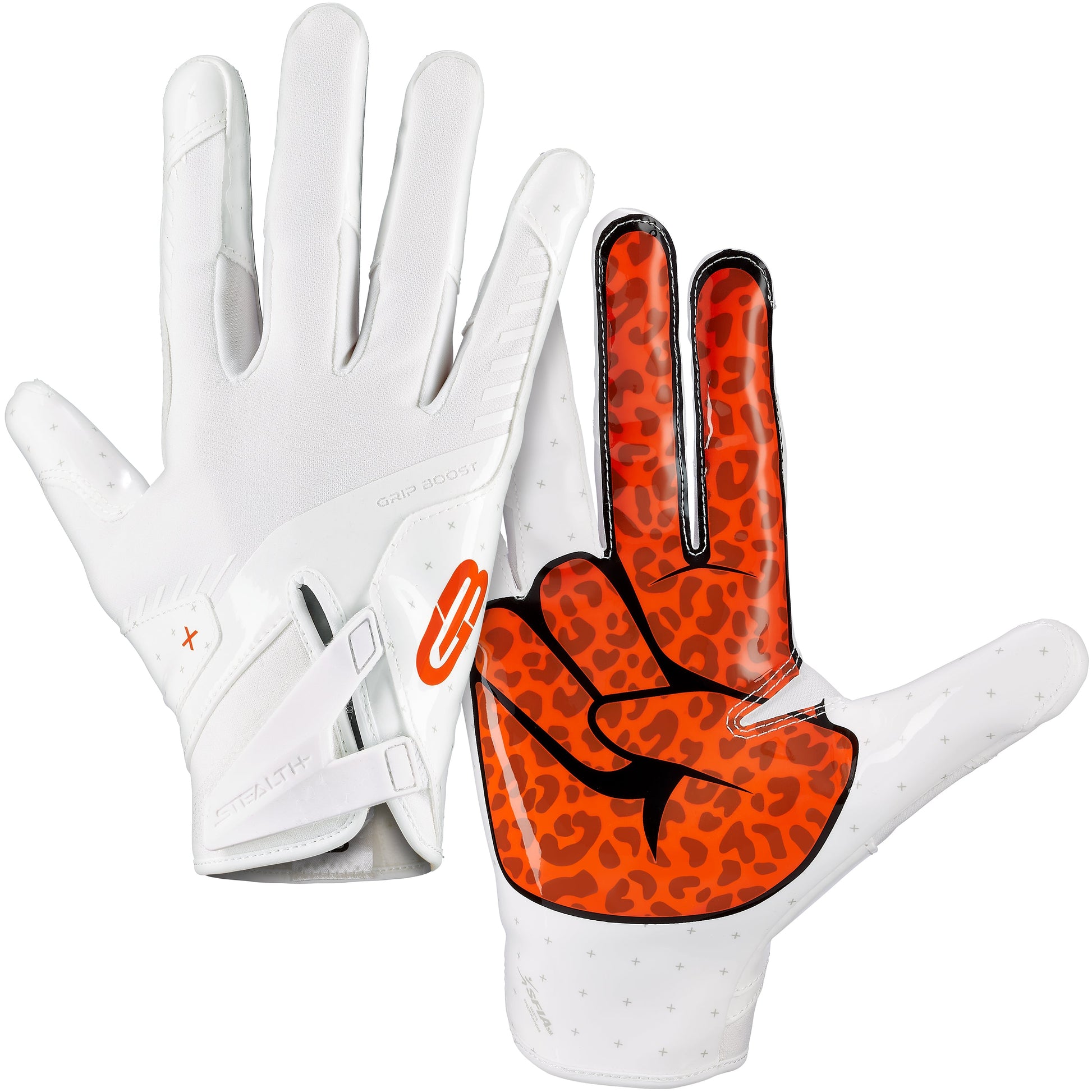 Grip Boost Football Receiving Gloves Youth Small / White/Orange Grip Boost Peace Stealth 6 Boost Plus Youth Football Gloves - White/Orange