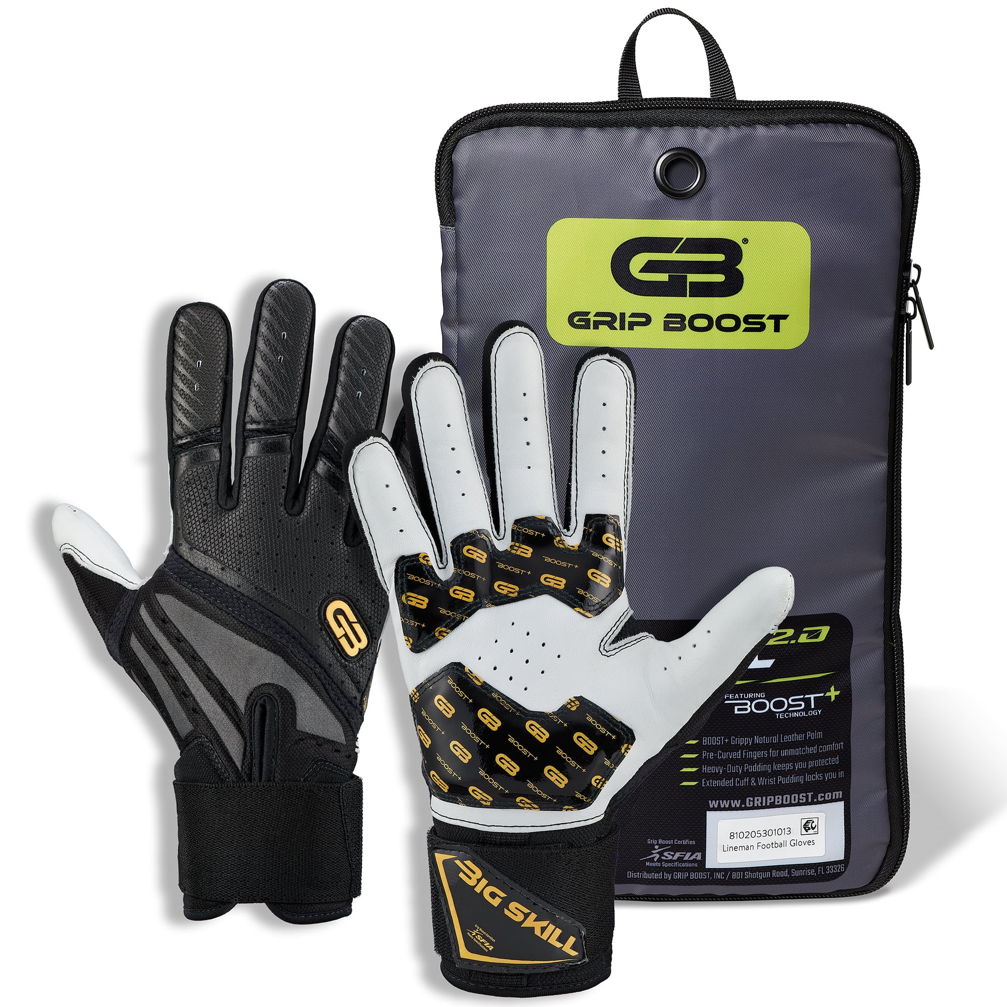 Big Skill 2.0 Lineman Gloves Black | Padded Football Gloves | Grip
